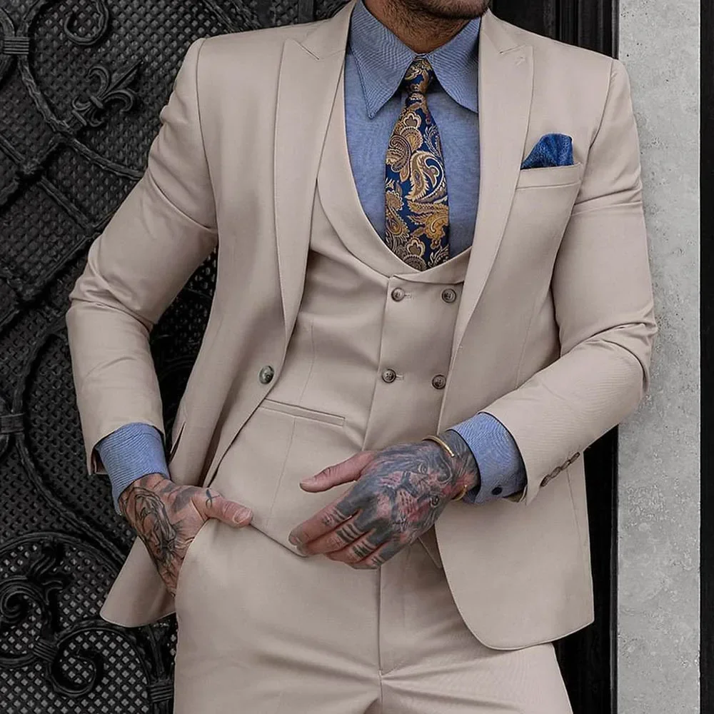 

Elegant Suits For Men Single Breasted Peaked Lapel Male Clothing Wedding Groom Regular Length Costume 3 PCS Jacket Pants Vest