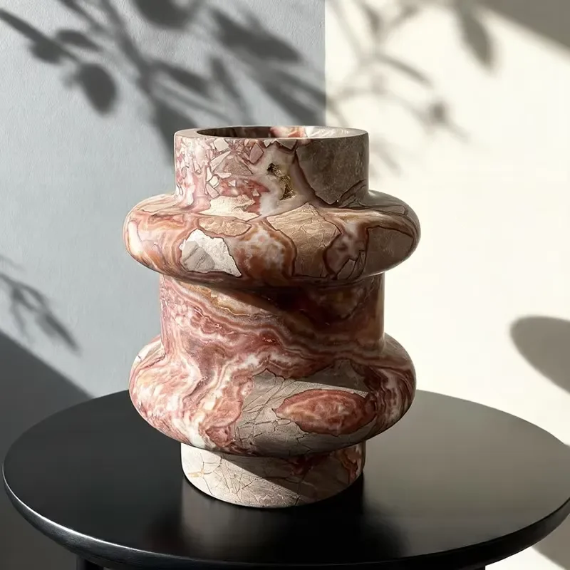 Modern Polished Natural Red Marble Vase High End Decorative Art Piece for Living Room Desktop Dried Flower Arrangement