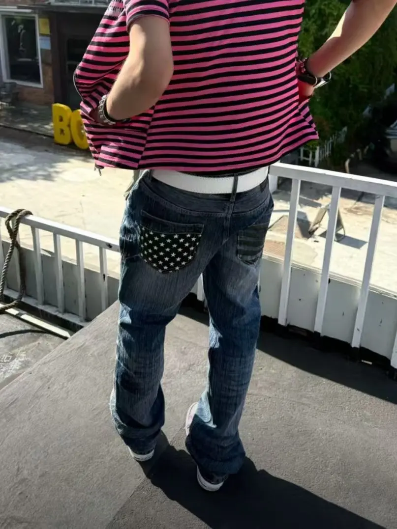 Men's Straight Leg Jeans Blue Ghost Retro Lightning Print Back Pocket Loose Fit Casual Long Trousers Street Style Jeans