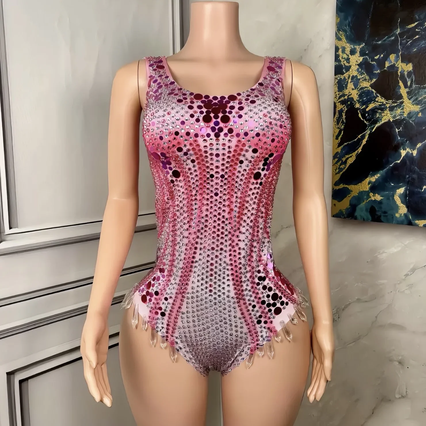 

Flashing Sequins Diamonds Crytrals Pink Sexy Bodysuit Evening Party Performance Costume Bar Nightclub Singer Dancer Stage Wear