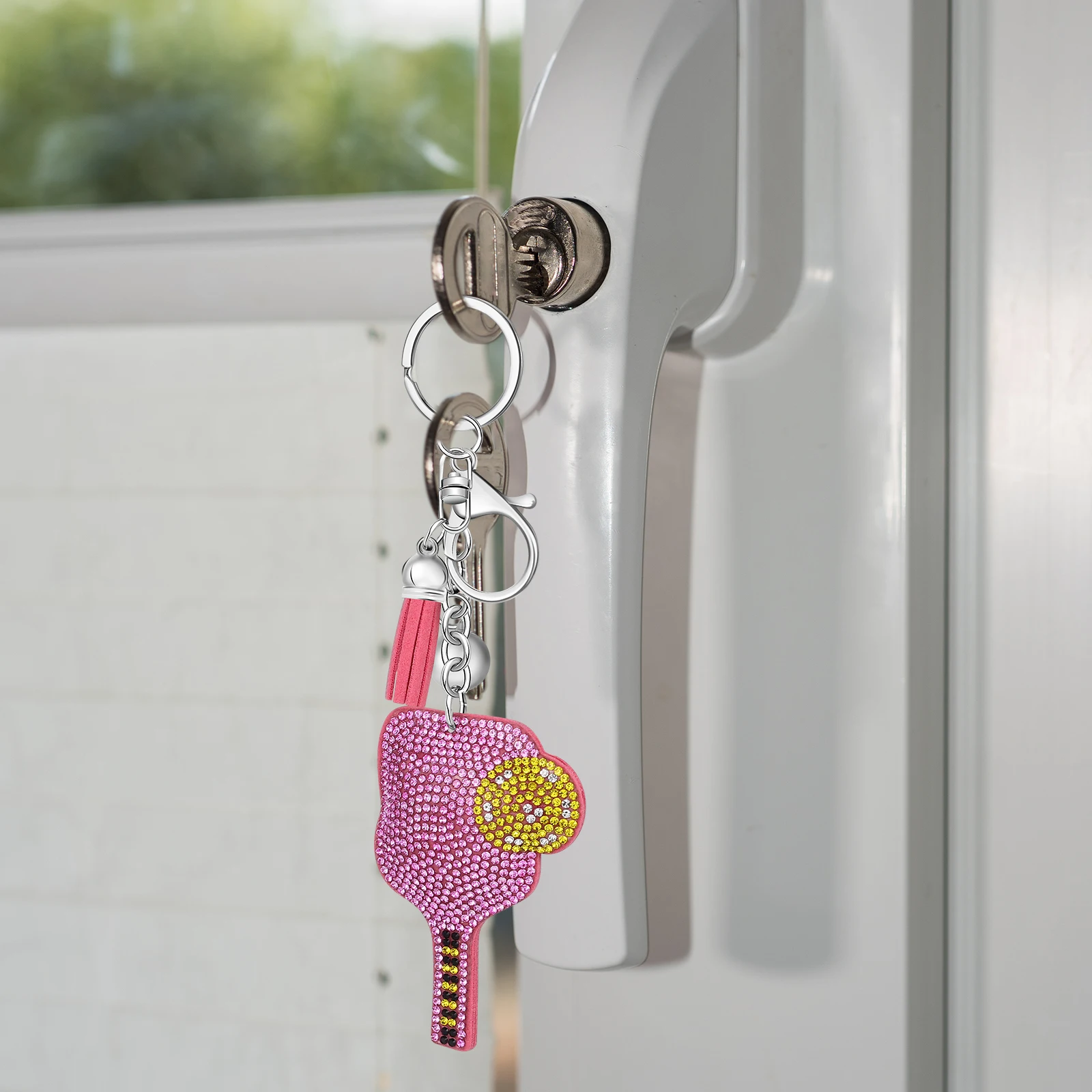 

2Pcs Fancy Keychain Rhinestone Embellished Pickleball Paddle Pendant Shiny Decorative Chain for Bag Backpack Sports Gift Idea