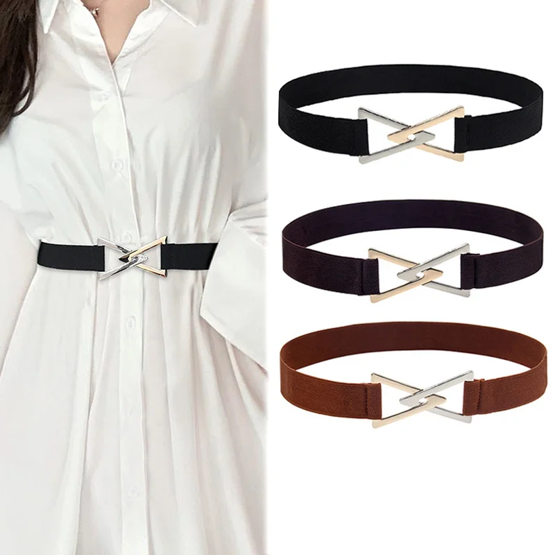 

Waistband Double Metal Buckle Dress Sweater Decorative Belt 68x3Cm Women Trendy Elegent Solid Color Triangle Elastic