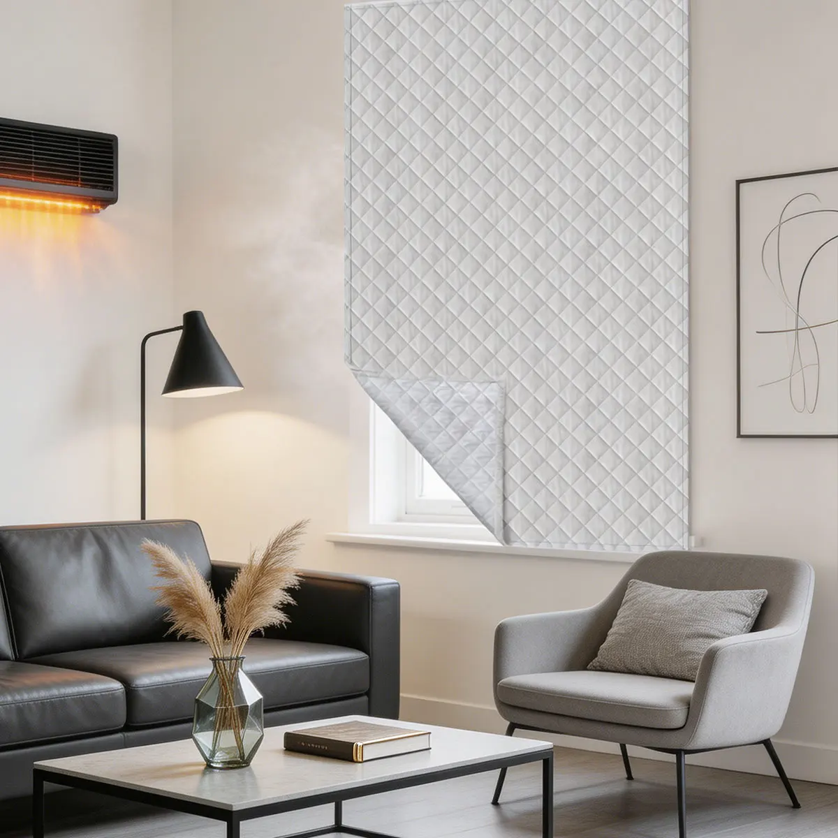Thick Quilted Cotton Cold Proof Window Curtain, Self-Adhesive Magic Tape Light Filter Window Cover for Rental House Small Window