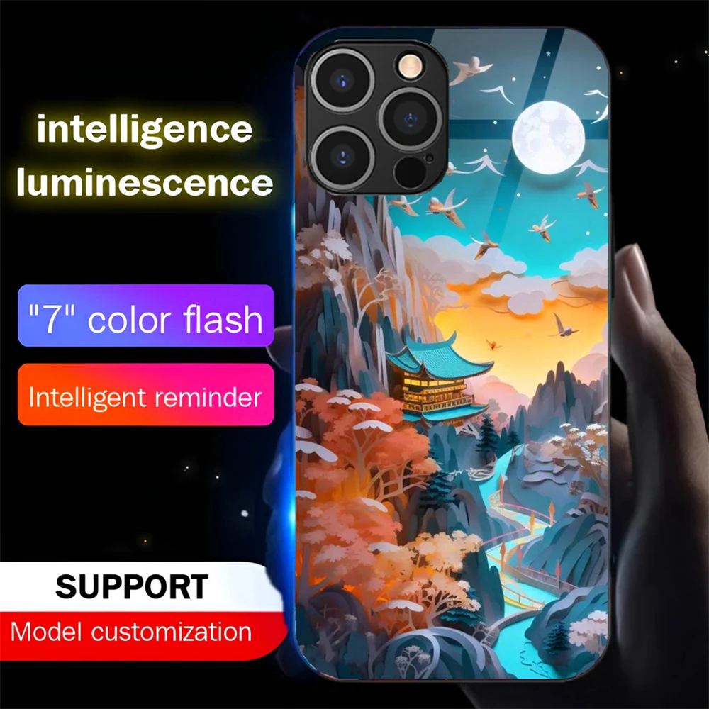 

Pretty Art Paintings Luminous Phone Case LED Light Glass Shockproof Cover For iPhone 16 E 15 14 13 12 11 Pro Max XR XS Plus