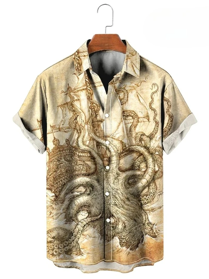 Men Vintage Button Up Shirt 3d Map Printed Short Sleeve Hawaiian Shirt Lapel Men's Clothing Casual Fashion Tops Oversized Tshirt