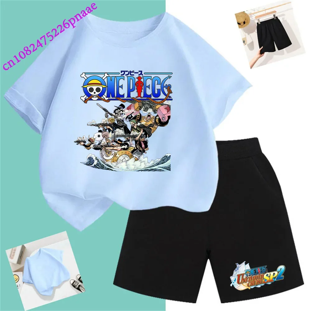 One Piece Pirate King Fashion Summer 2024 Cheap Girl Short T Shirt Kid Clothes Shorts Child Set Fashion Kawaii O-neck T-shirt