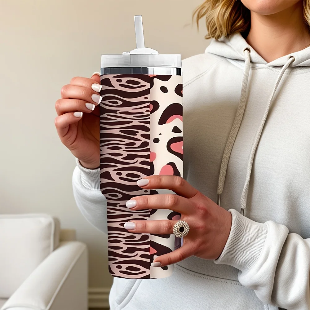 Trendy Abstract Leopard Print And Zebra Pattern Travel Tumbler with Handle And Reusable Straw for Outdoor Indoor Daily Use