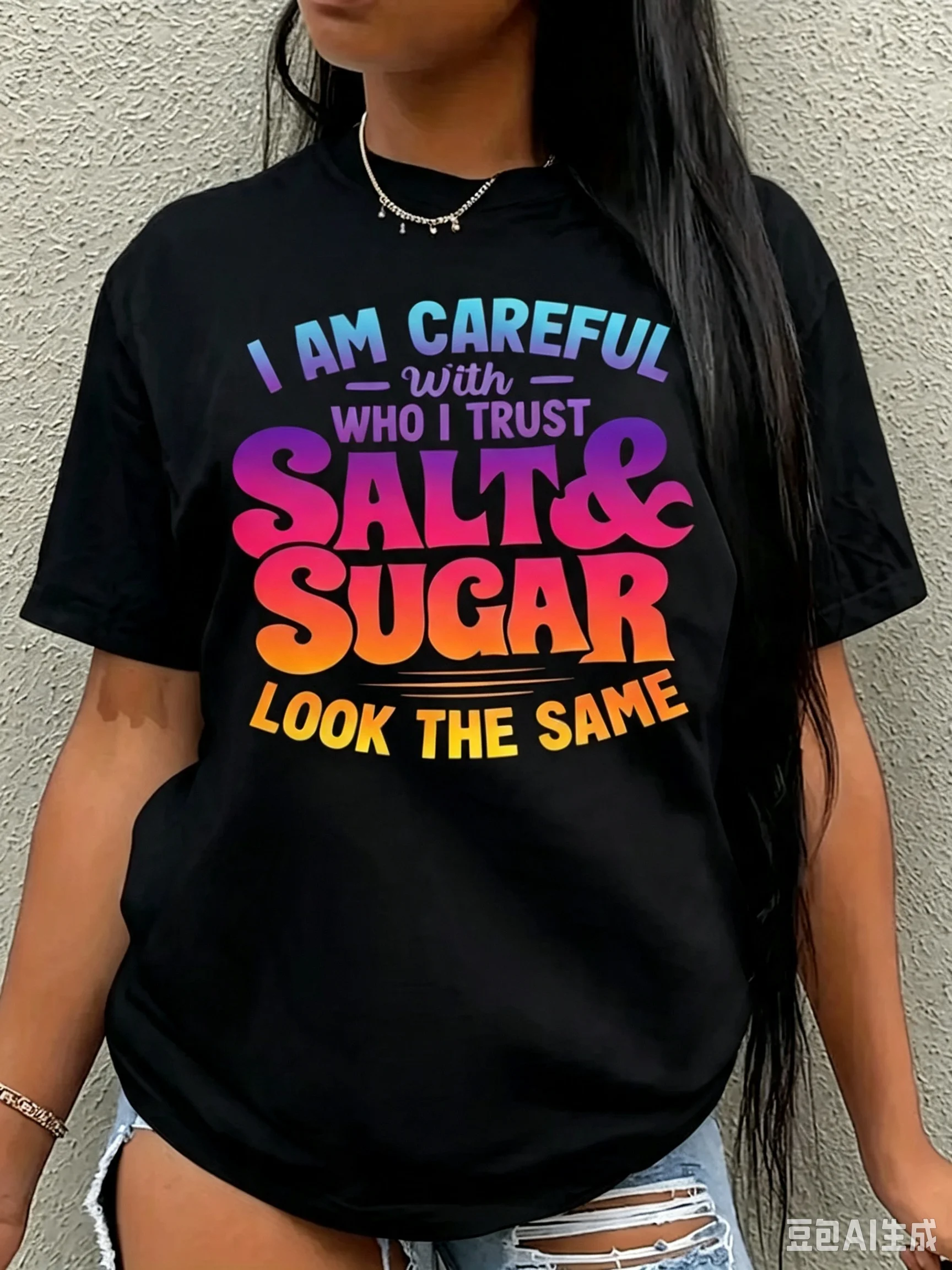 Women Retro Gradient Slogan Graphic Tee, Colorful Vintage Letter Print Cotton Tee, Multiple Colors Available, Street Casual Top