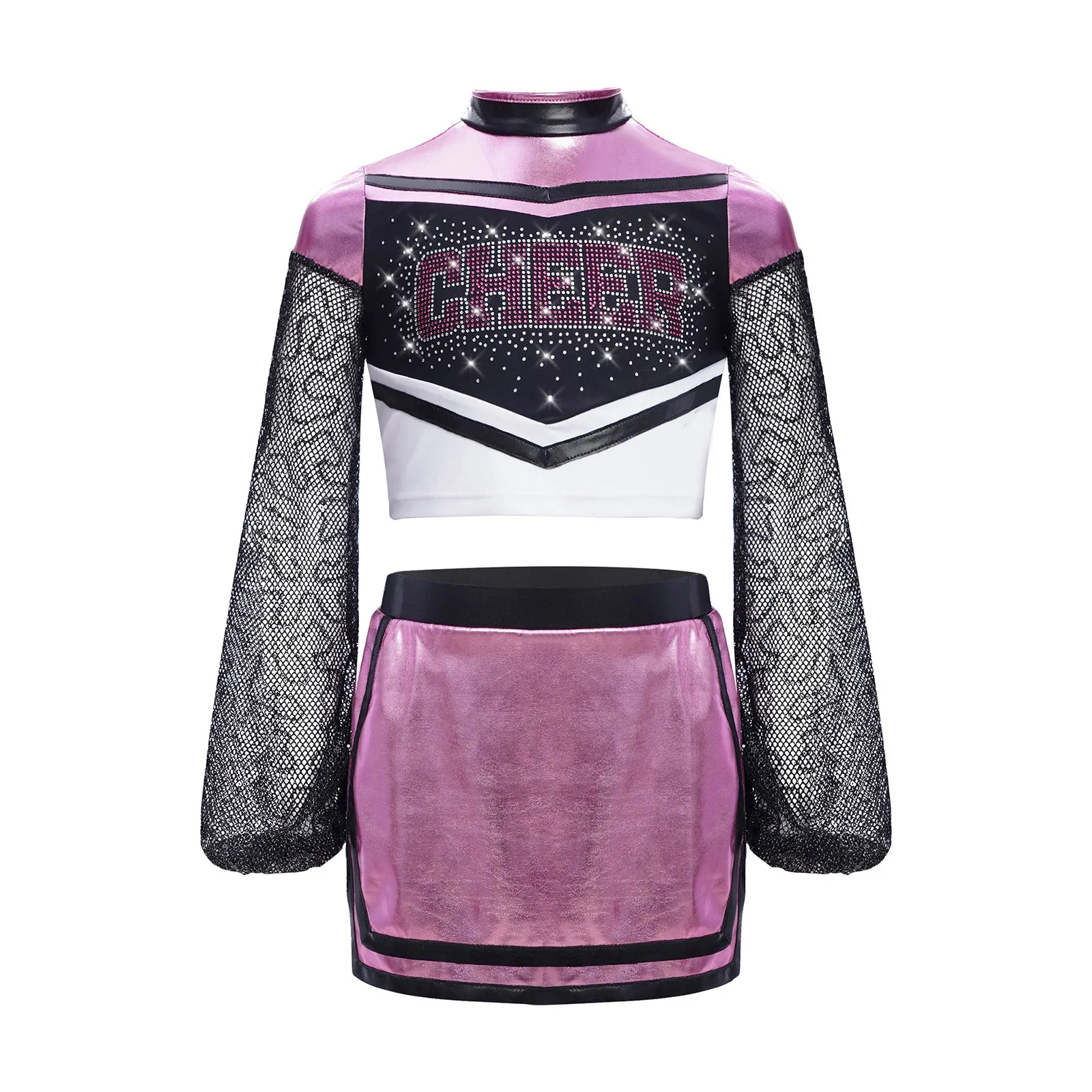 

2Pcs Kids Girls Cheerleading Uniform Black Mesh Long Sleeves Sparkly Rhinestone Letters Crop Top+Built-in Shorts Side Slit Skirt