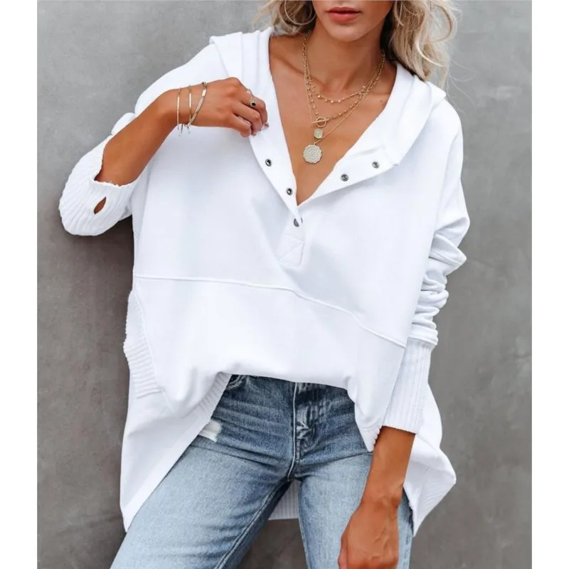 

Casual Loose White Women Sweatshirt Autumn Winter V-neck Hooded Batwing Sleeve Hoodie Threaded Splicing Top For Women Pullovers