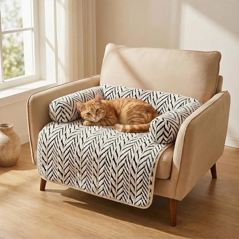 Haustier-Sofabett-Matte mit Seitenpolstern, Weiche Flauschige Couch-Schutzmatte, Rutschfeste Hunde- und Katzenbett-Schlafunterlage für Kleine und Mittelgroße Haustiere – Detail 4