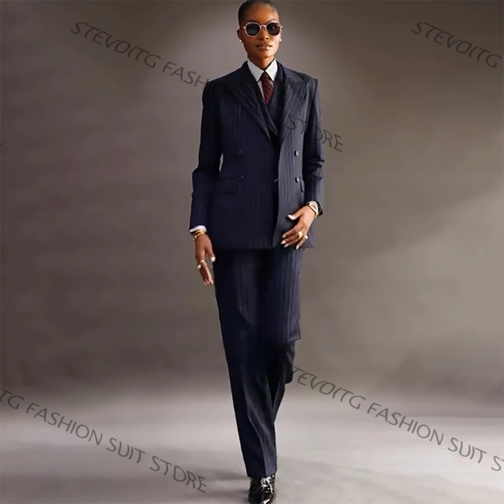 

Navy Blue Pinstripe Women's Suit 3 Piece Double Breasted Jacket Vest Pants Set Formal Business Office Lady Clothing Outerwears