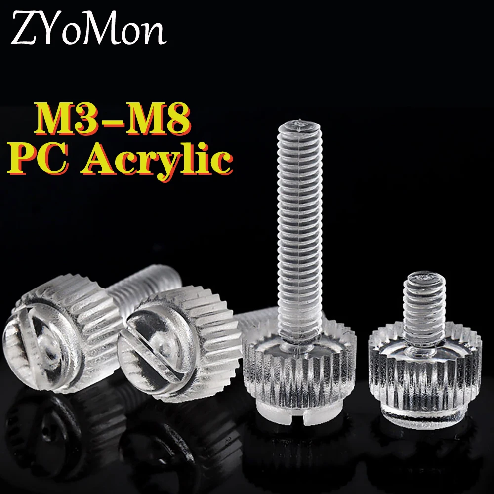 20-100pcs M3 M4 M5 M6 M8 Acrylic PC Transparent Knurled Thumb Slotted Screw PC Hand Twist Screw Computer Hand Tighten Screws