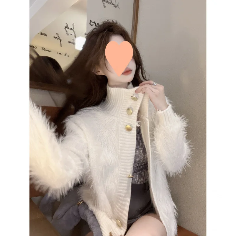 Imitation Mink High Neck Sweater Cardigan For Women's Autumn And Winter High-End Temperament, Loose Fur Knitted Jacket