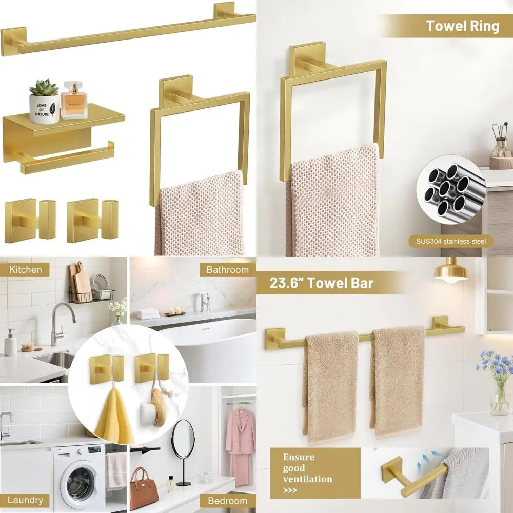 

Brushed Gold Bathroom Hardware Set - Wall Mounted Towel Bar, Square Toilet Paper Holder, and 3-Piece Accessories