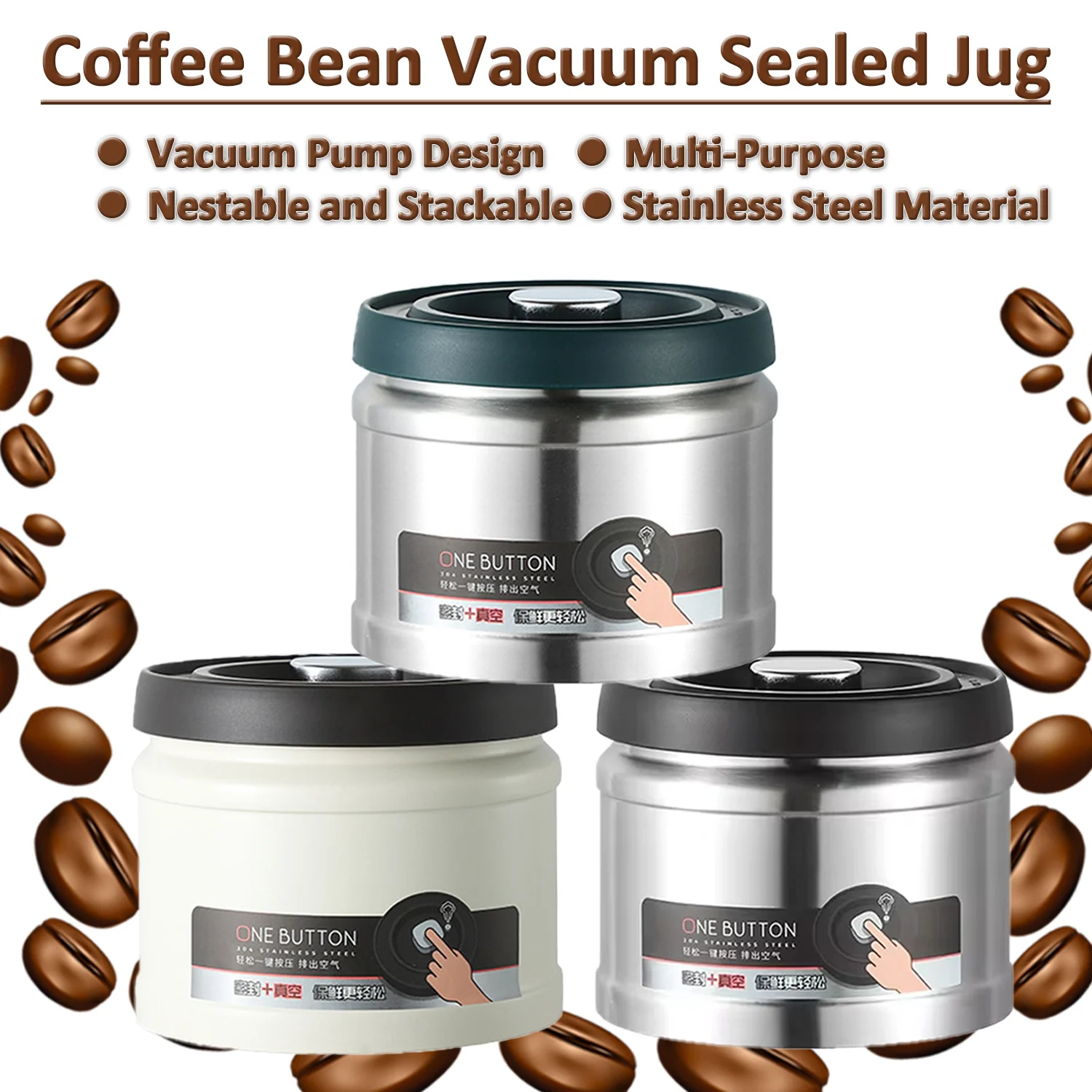 Coffee Bean Vacuum Sealed Jug Stainless Steel Sealed Tank 750/1100/1600ML Storage Cans Keep Fresh Storage Organizer for Kitchen