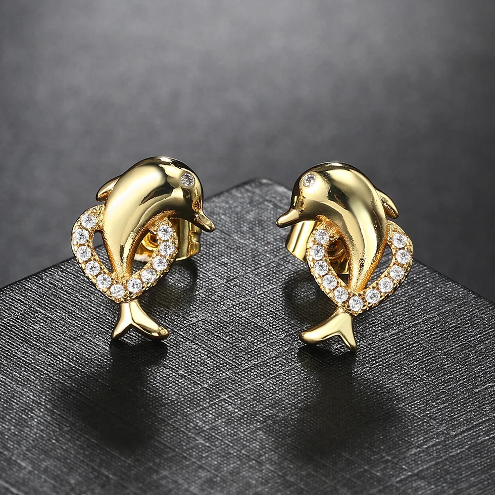 Cute Dolphin Stud Earrings for Women Kawaii Gold Color Heart Cubic Zirconia Cartilage Ear Accessories Fashion Jewelry Gifts E424