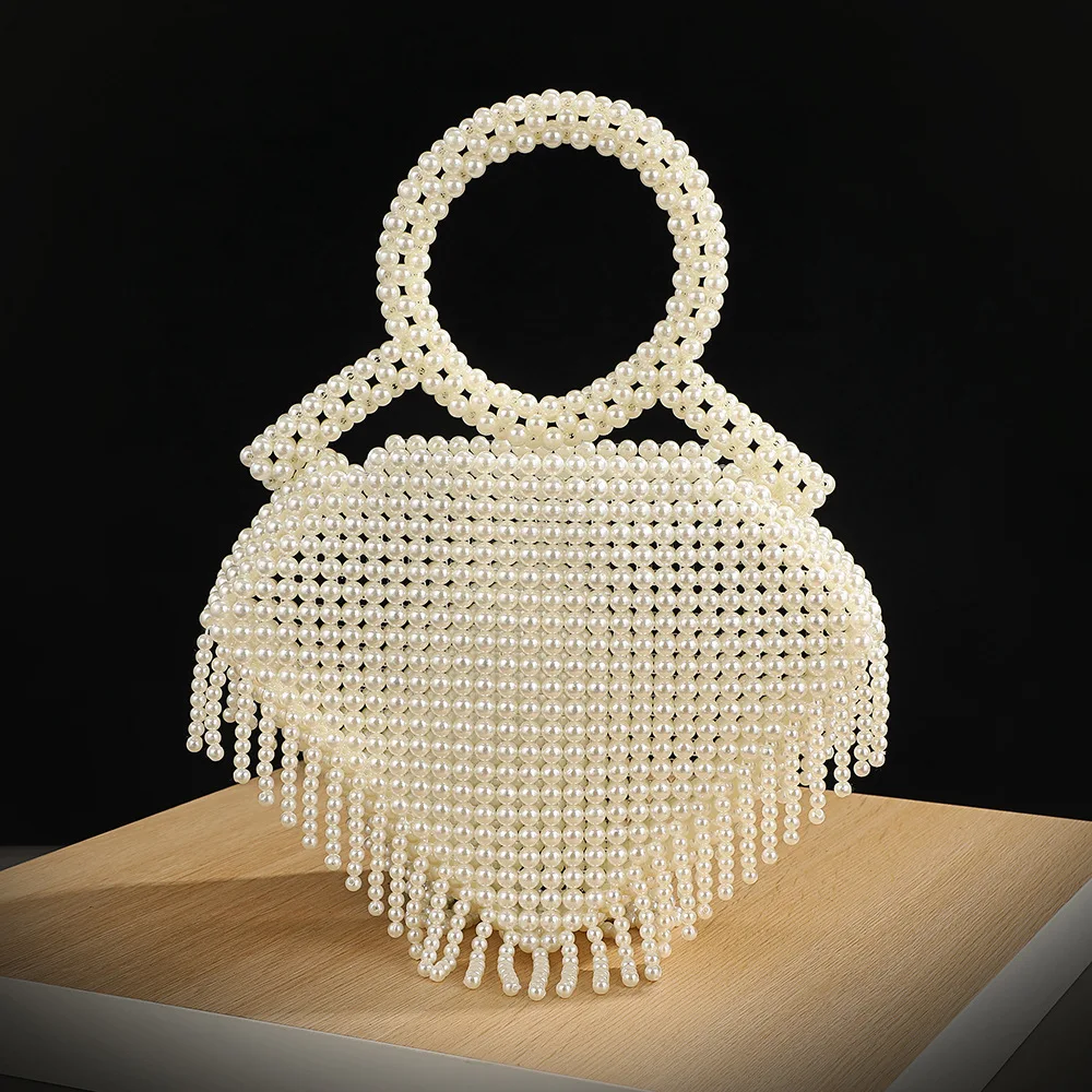 Ins Style Heart Shape Bag, Faux Pearl Beaded Woven Purse, Geometric Handbag for Women, Trendy Summer Shoulder Bag In Stock