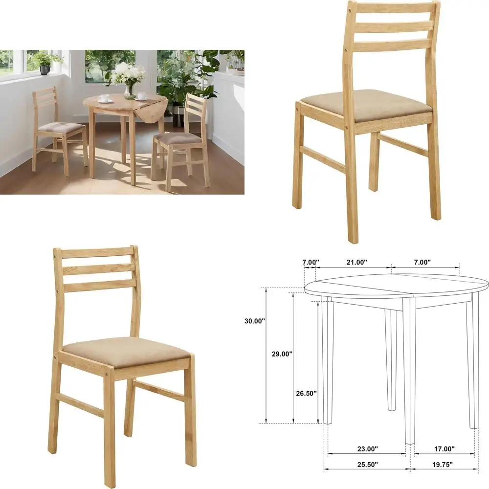 

Natural Wood 3-Piece Dining Set: Small Space Table with 2 Beige Cushioned Chairs