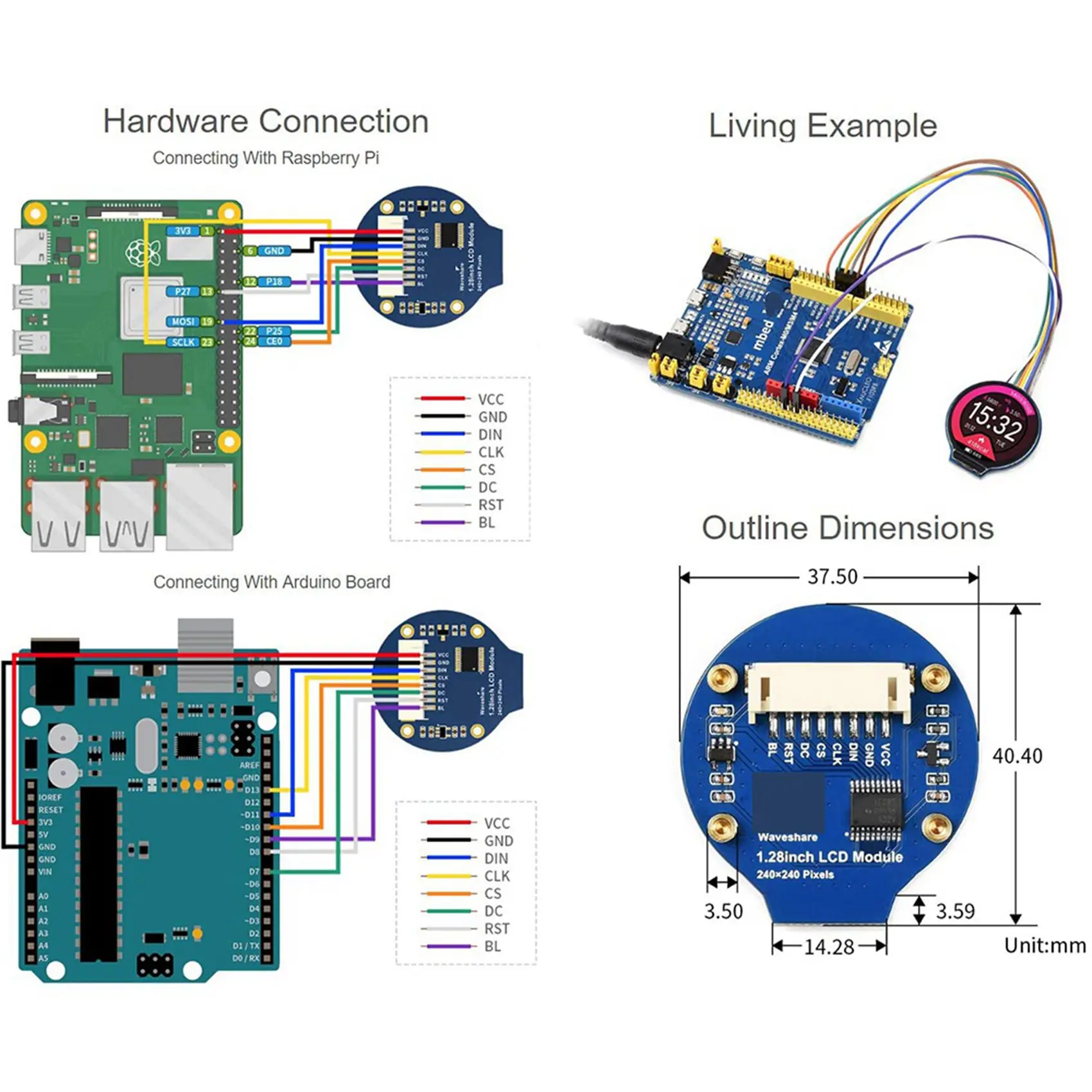 RISE-2pcs 1.28Inch Round Display LCD Screen Module GC9A01 SPI Communication RGB 65K Color Support for Raspberry