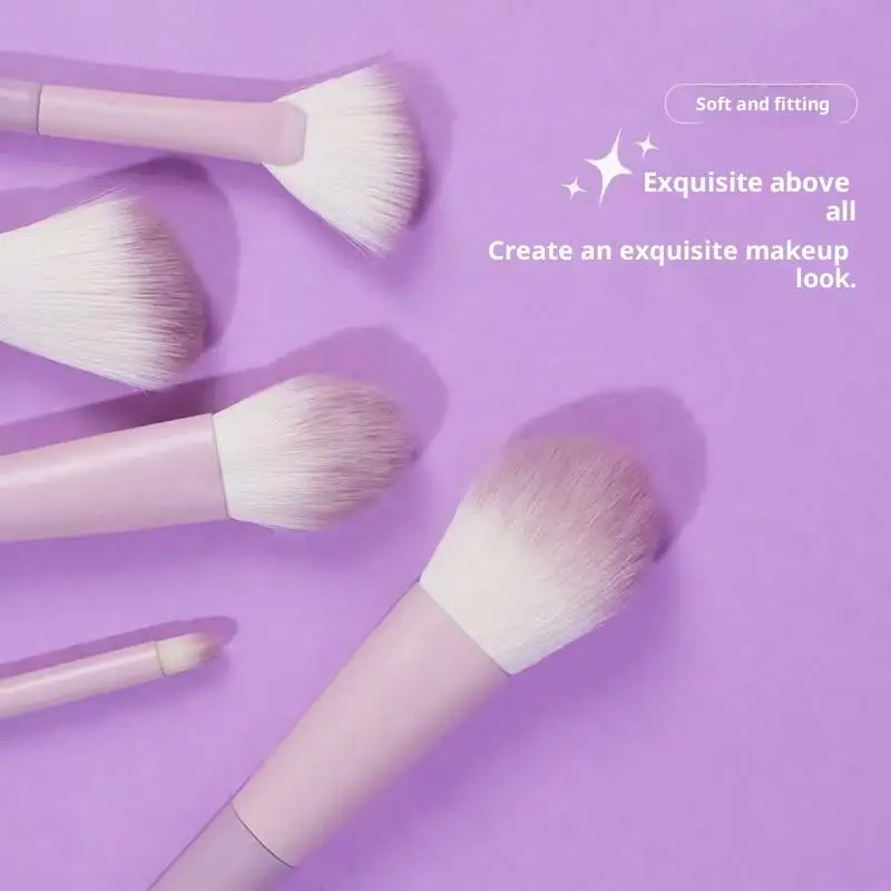 10-Piece Pink-Purple Gradient Plastic Handle Makeup Brush Set With Synthetic Fiber Bristles, Including Powder Brush, Foundation