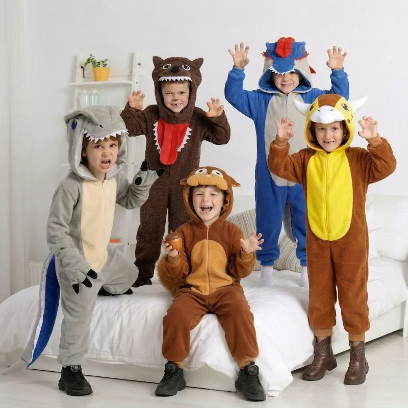 

Boys Girls Animals Kigurumi Pajamas One Piece Hooded Jumpsuits Cosplay Costume Dragon Squirrel Brown Wolf Sleepwear Performance
