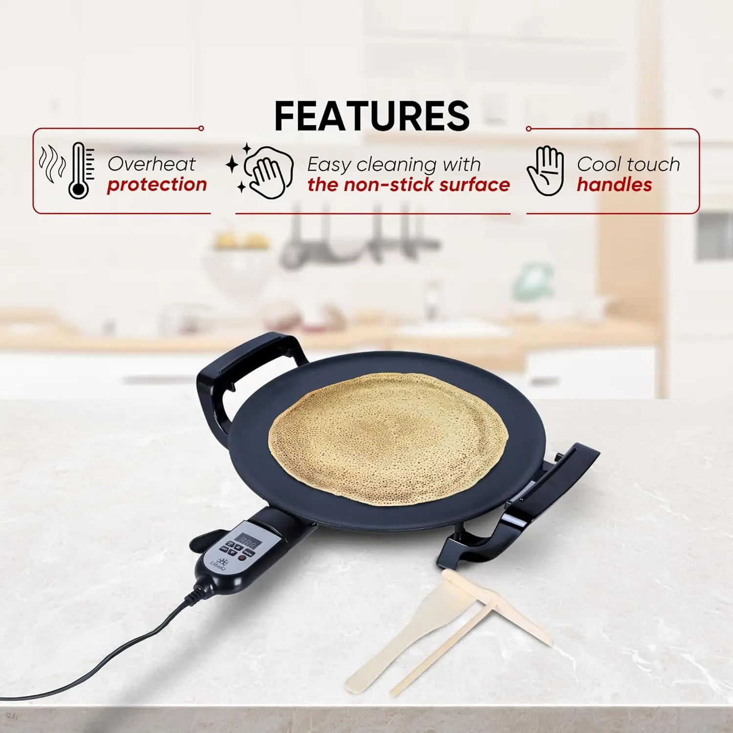 Ethiopian Injera, Somalian Anjero, Crepe, Lefse, Mogogo, Mitad, Pancake Teff Maker - Adjustable Digital Heat Control - Non-Stack