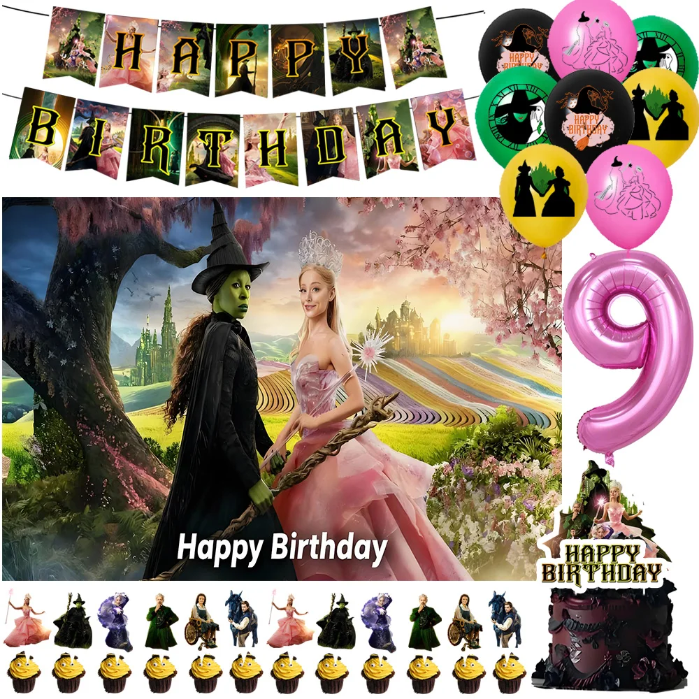 

W&Wicked Theme Girl Birthday Party Decoration Number Balloons Cake Topper Popular Movie Background Banner Party Supplies Prop