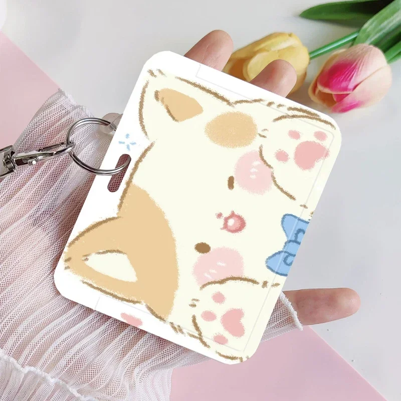 Cute Little Cat Cabeça Titular do cartão com mola Corda, Estudantes Meal Card, Bus ID Credit, Storage Case Keychain, Photo Sleeves, Ect