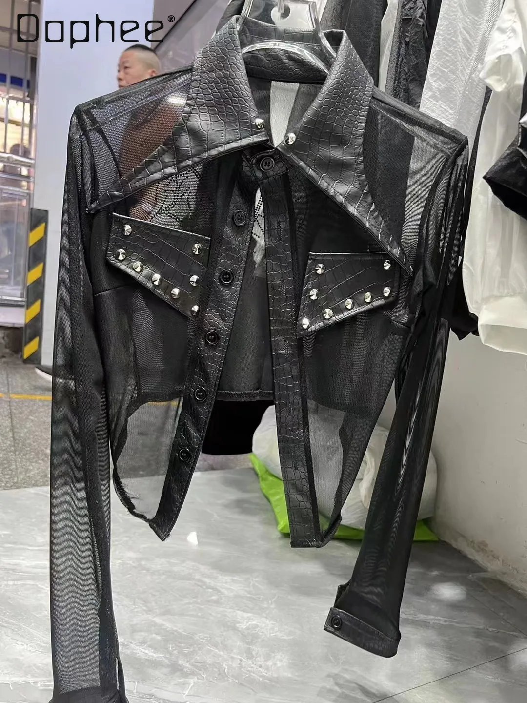 

Spice Girls Sexy Mesh Perspective Hot Diamond Thin Sunscreen Coat Women Summer PU Tip Neck Rivet Splicing Knitted Jacket Fashion