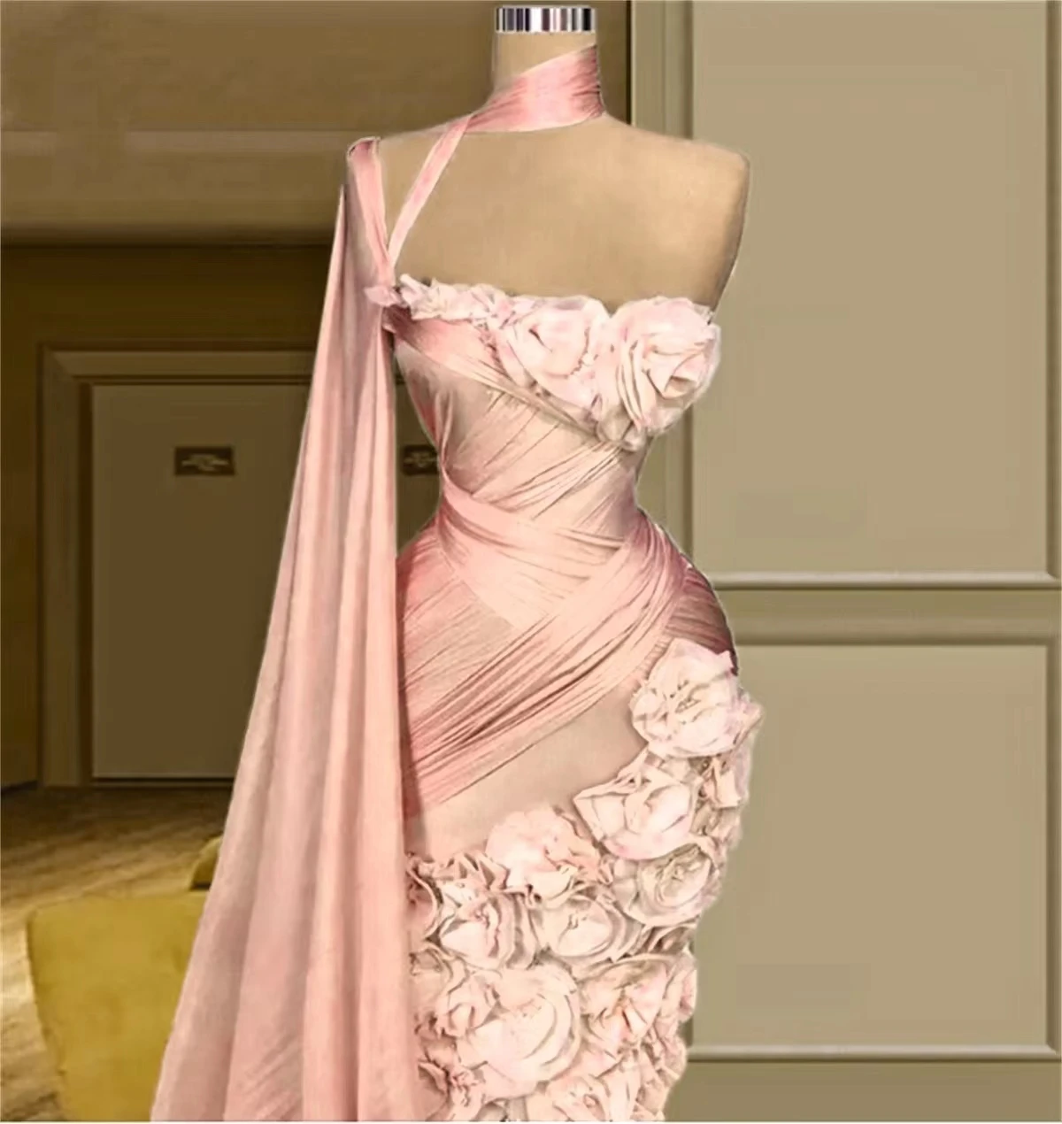 Elegant One Shoulder 3d Flower Satin Mermaid Evening Dress Fashion Sleeveless Ruched Cap Sleeve Prom Party Gown 2024 New Pink