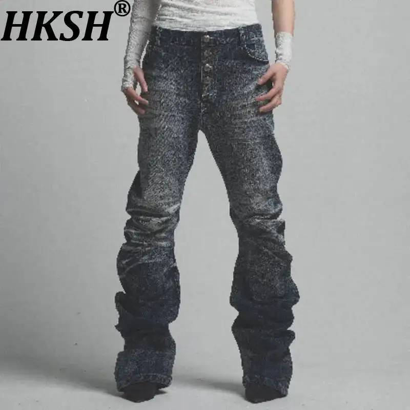 

HKSH Spring New Men Tide Original Design Punk Vintage High Street Ripple Washed Jeans Straight Chic Casua Denim Pants Ins HK6265