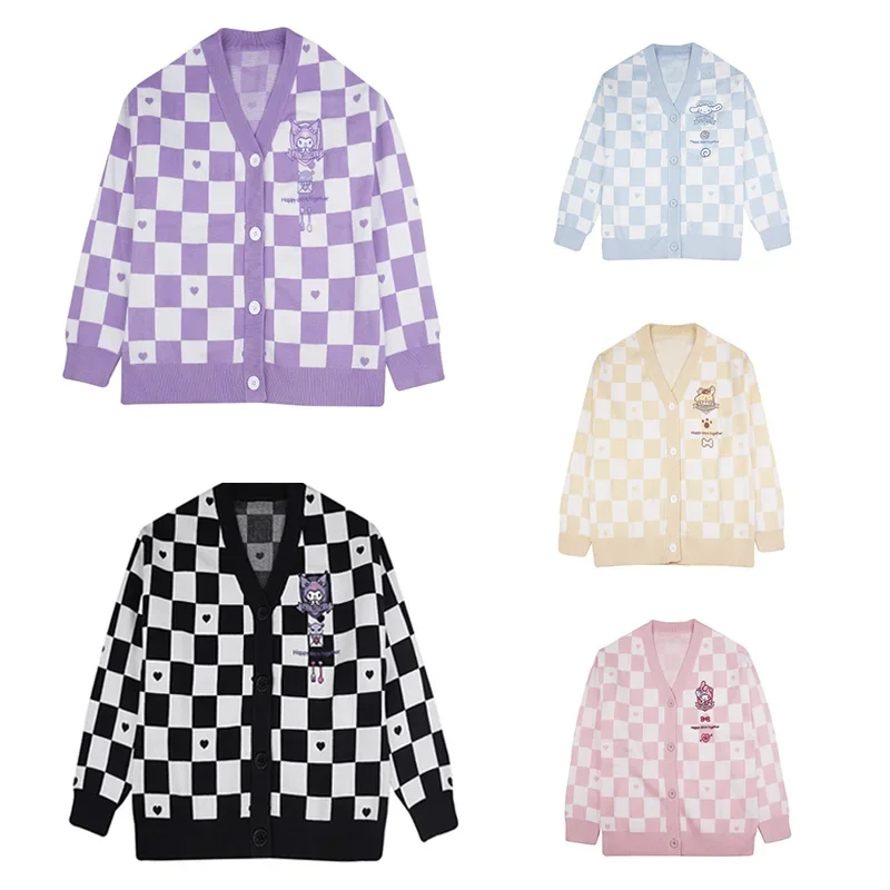 Sanrio Knit Sweater Kawaii Mymelody Kuromi Pompom Purin Jk Uniform Checkerboard Cardigan Sweater Cute Plus Size Loose Top