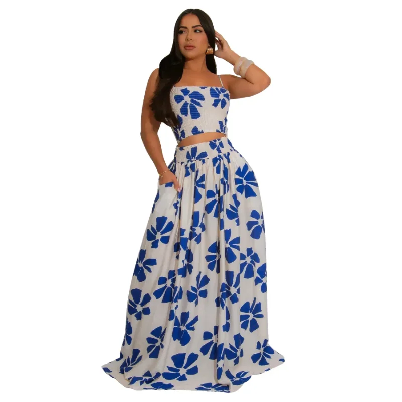 Customized  Floral Printed Beach Boho Women's Set Strap Sleeveless Tank Top and Big Swing Maxi Long Skirts Two 2 Piece Sets Outf