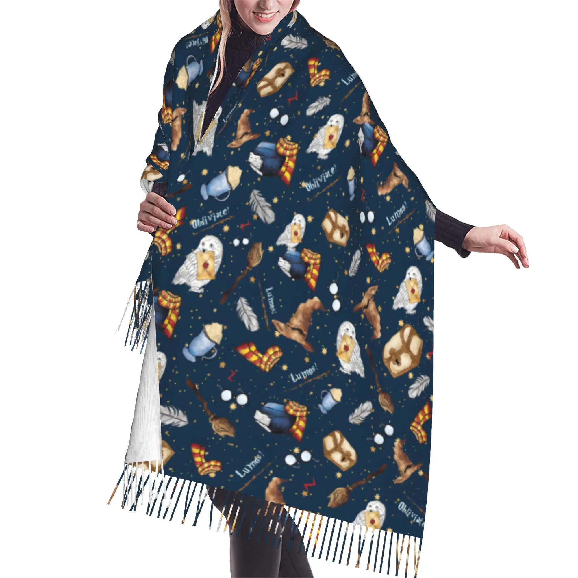 Custom Halloween H-Harryed Scarf Wrap for Women Long Winter Fall Warm Tassel Shawl Unisex Magic School Spooky Scarves