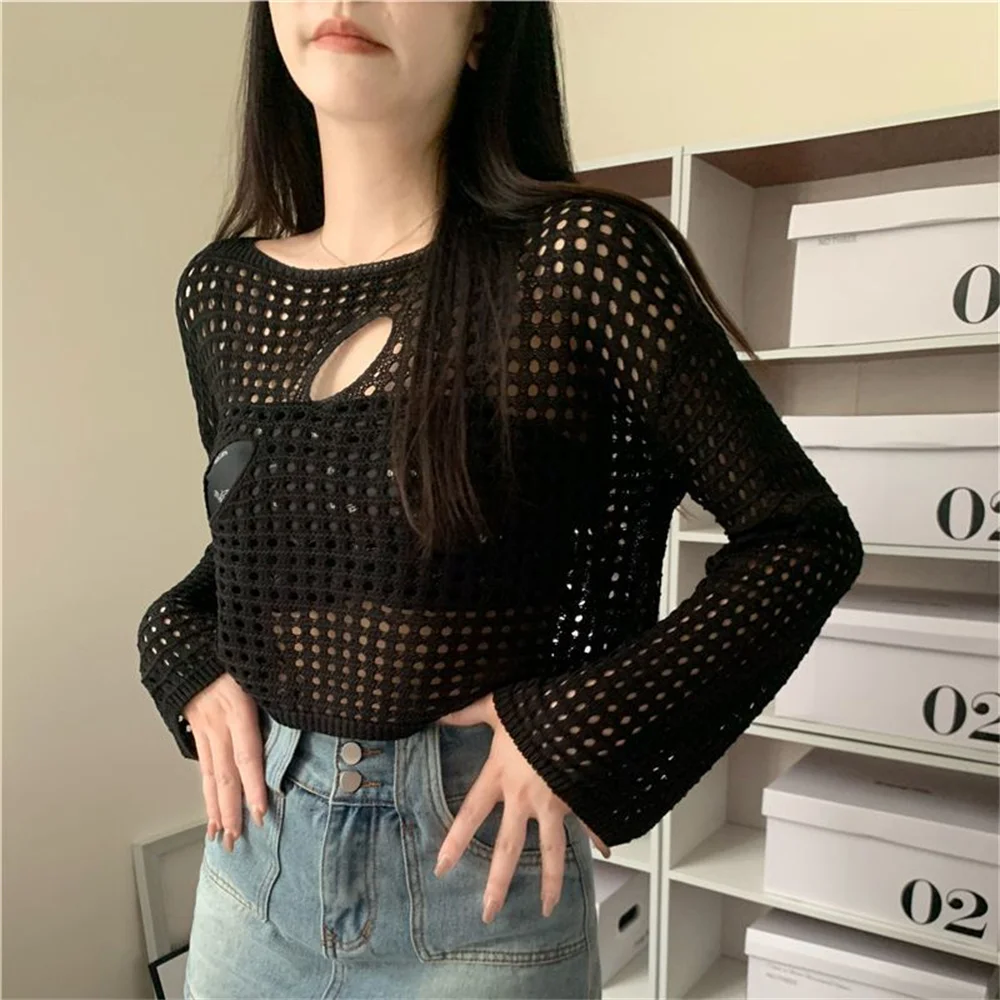 

Women Sexy Hollow Out Knitting Pullover Tops O-neck Long Sleeved Knit Shirt Casual Beach Slim Shirt For Women 2025 Spring Summer