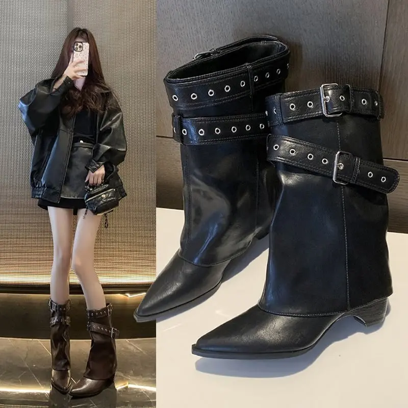 

Fashion Pointed Toe Women Western Ankle Boots Elegant Thick Heels Shoes Laides Belt Buckle Short Booties Zapatos Mujer