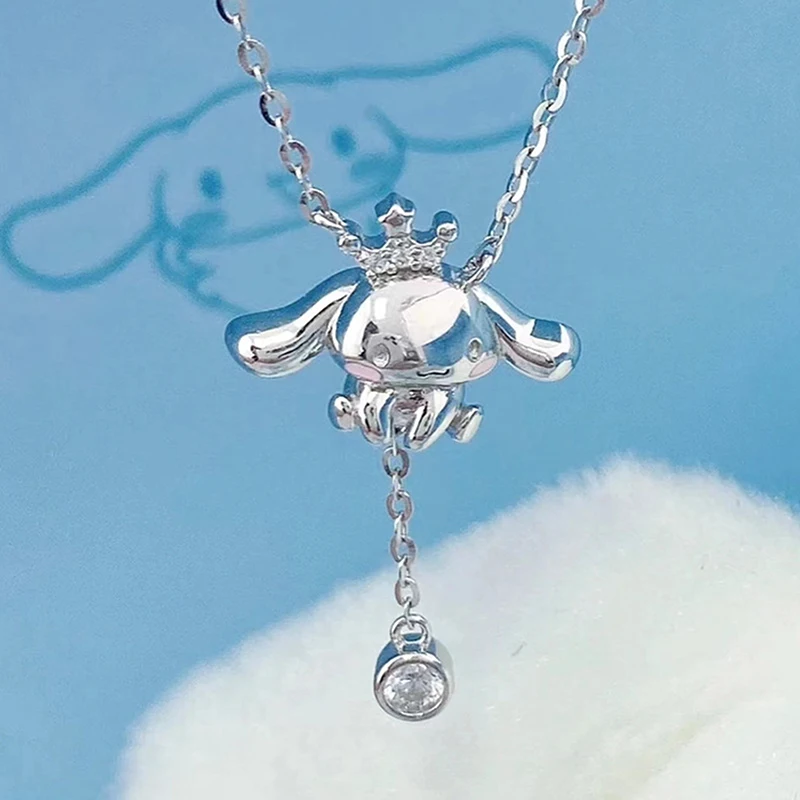 Cute Sanrio Cinnamoroll Girls Necklace Kawaii Women Ornaments Rhinestone Pendant 925 Silver Jewelry Holiday Gifts for Friends