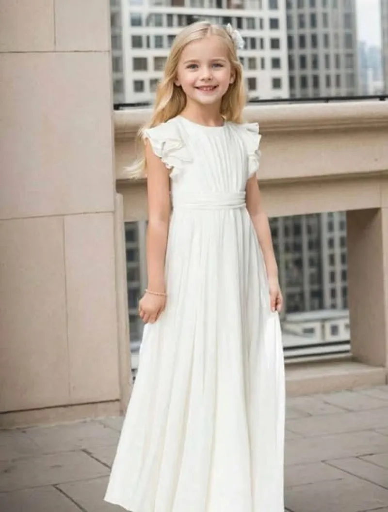 Princess Flower Girls Dresses O-Neck Ruffles Sleeves Zipper Back Summer Long Dress Empire Pleated Sashes Little Bridesmaid Dress