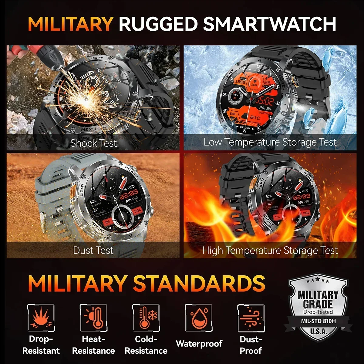 KPEP Military Smart Watch 1000mAh Large Battery LED Flashlight Health Monitor Wireless Call 100+ Sports Modes Smartwatch for Men