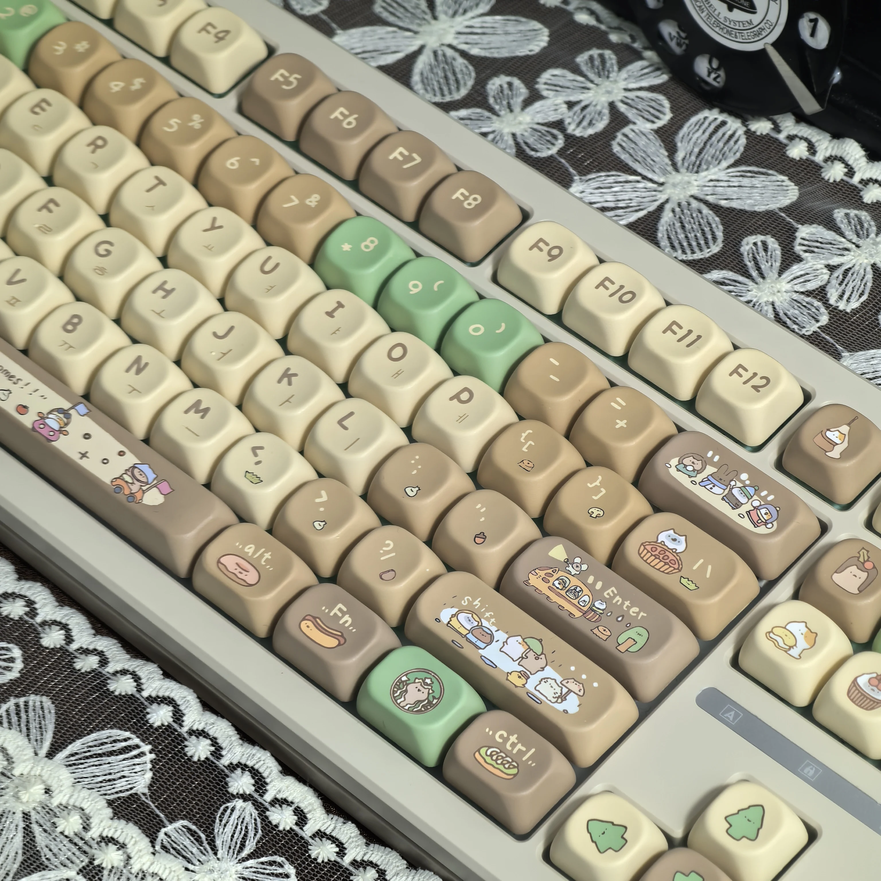 Imagem -05 - Bonito Khaki Pbt Moa Cocoa Bean Leite Keycap Teclado Mecânico Faça Você Mesmo Cabide Castanho Verde Desenhos Animados Coreano Russo 127key