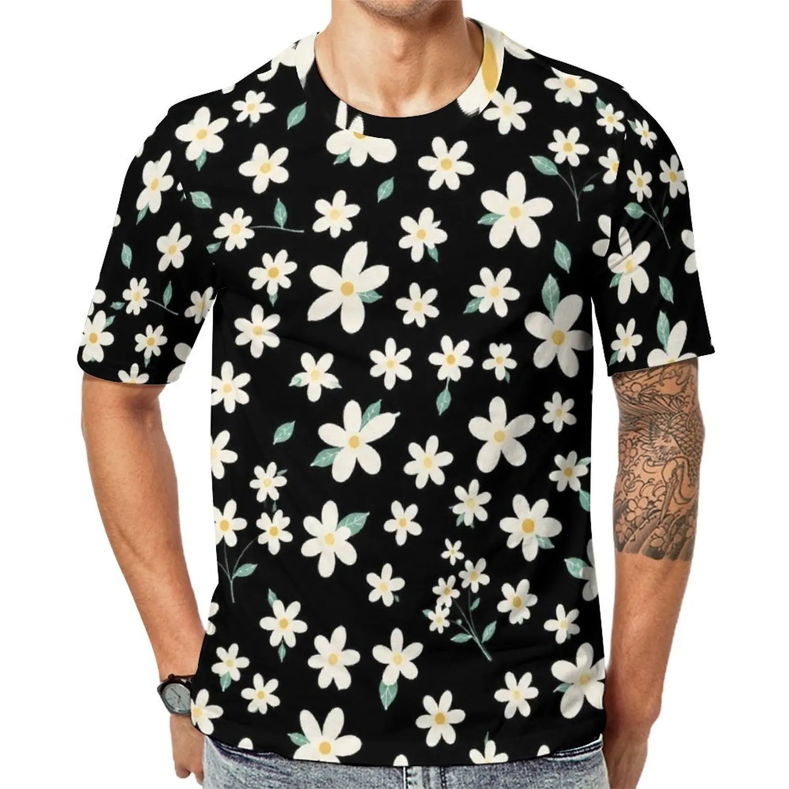 Black White Flower Doodle T-Shirt Men Graphic O Neck T Shirts Summer Vintage Tops Short-Sleeved Awesome Oversize Tee Shirt Gift