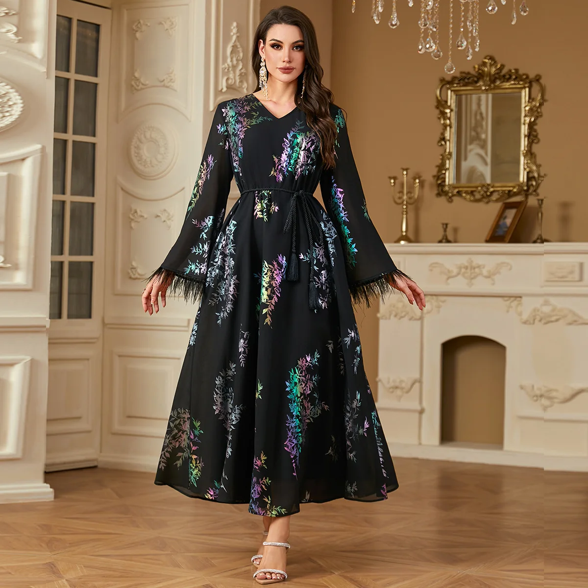 

4239 Muslim Abaya Women's Colorful Fashion Gold Foil Faux Fur V-neck Loose Long Sleeve Dress Ramadan Dubai Luxury Islam Elegant
