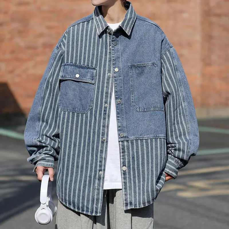 

Stripe Cowboy Coat for Men Clothing Fast Delvery Cowgirl on Board of Fabric Lxury Designer Rock Elatic Loose Denim Jackets Man