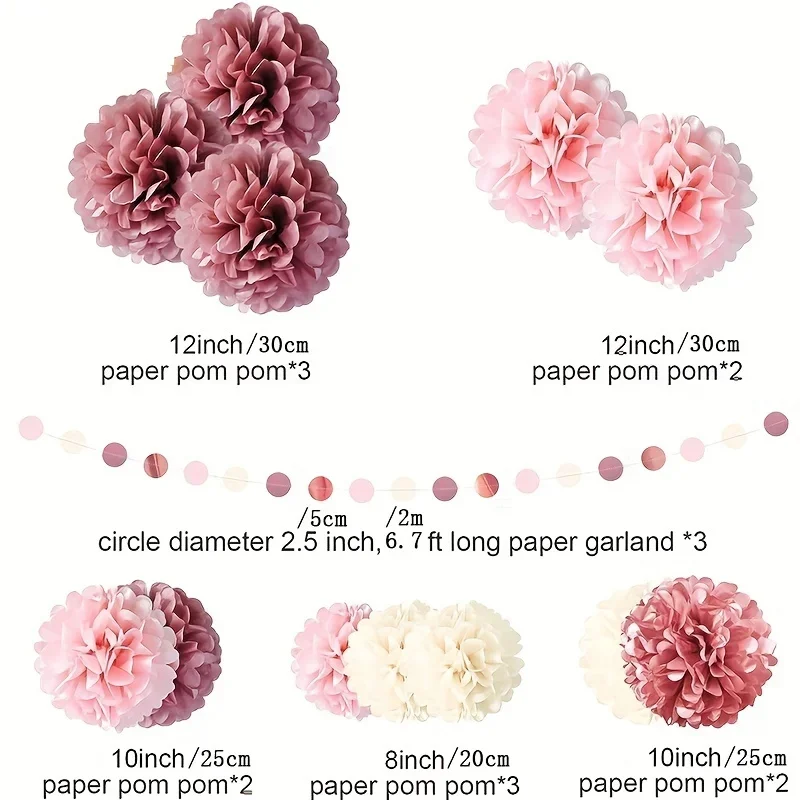 15pcs, Dusty Rose Blush Pink Tissue Pom Poms Flowers For Wedding, Bridal Shower, Shower, Sweet Birthday, Engagement view 4