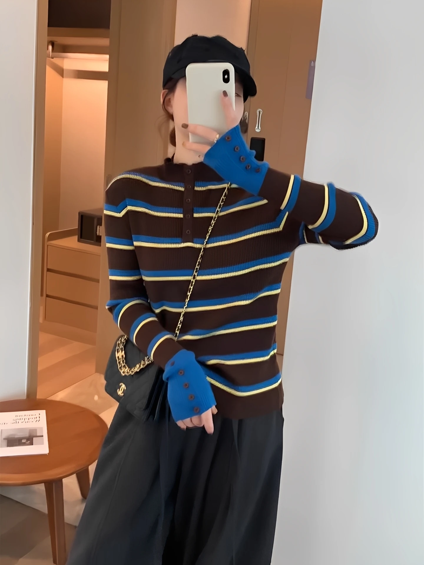 

Striped Knitted Base Shirt Women's Autumn Winter Inner Wear Spring New Design Patchwork Sleeve Soft Color Block Sweet Style