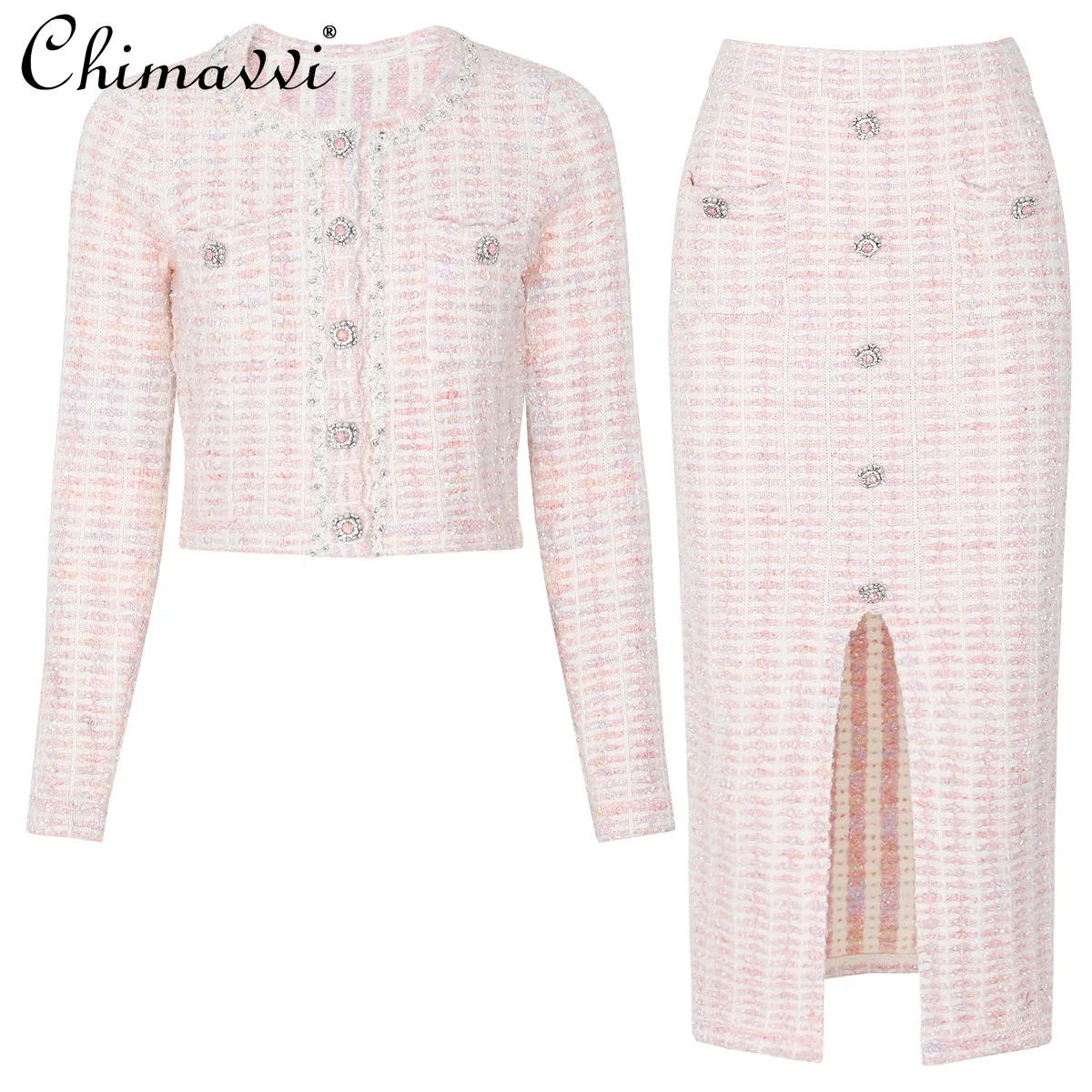

Spring and Autumn New Heavy Fashion Beaded Knitted Women's Top Jacket Skirt Set Elegant Commuting Women's Two-Piece Set
