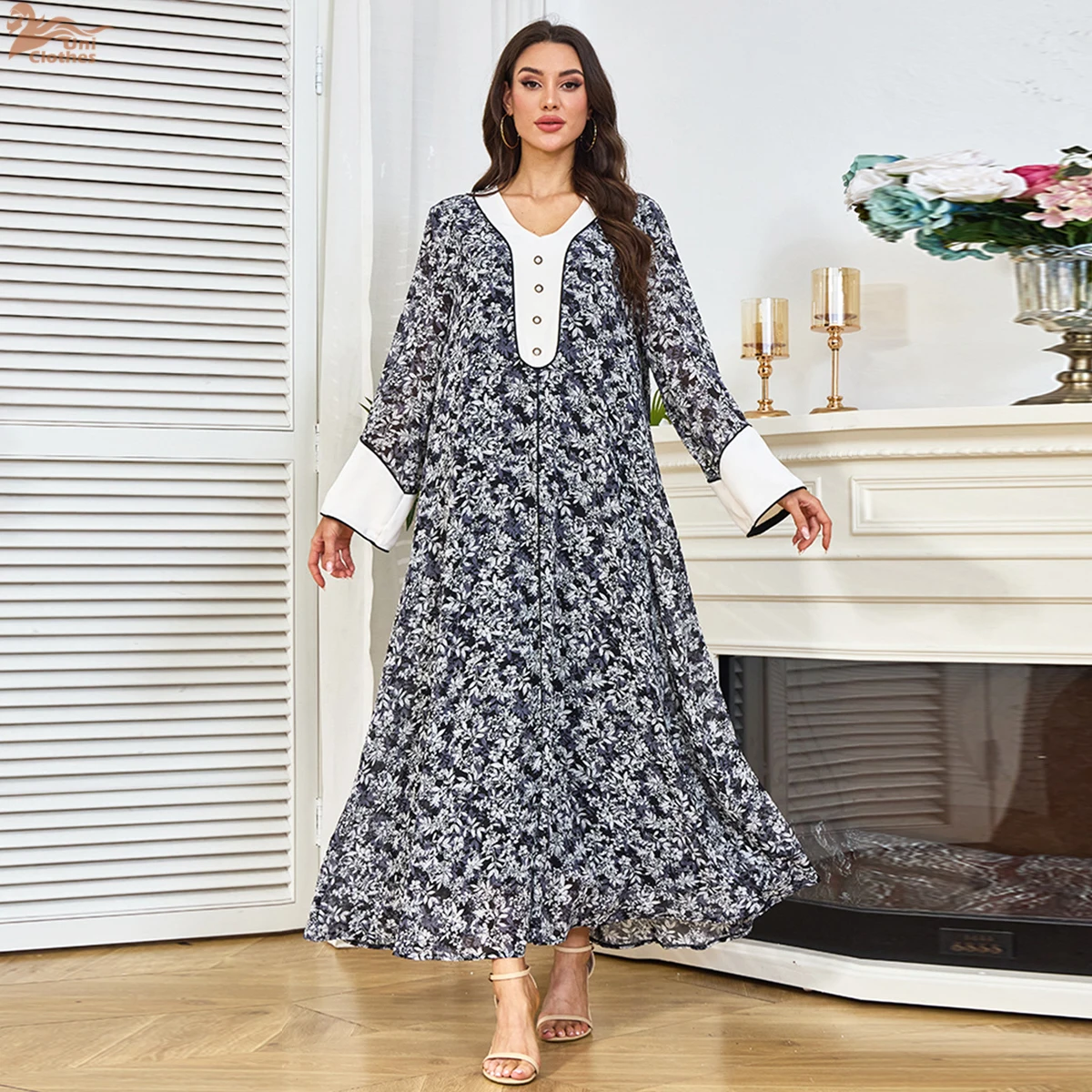 

Zahraa New Muslim Floral Print Woman Abaya Dubai Loose Dresses Elegant Long Sleeve Kaftan 2026