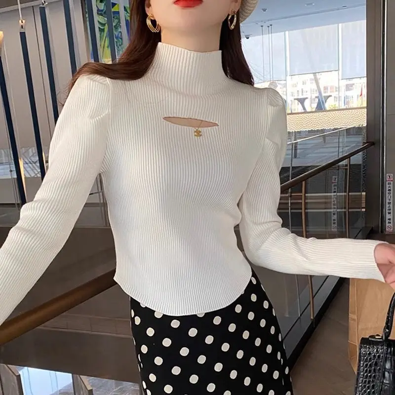 Women Clothing Fashion Half High Collar Solid Knit Pullovers Autumn Winter Elegant Chic Folds Long Sleeve Sweaters All-match Top