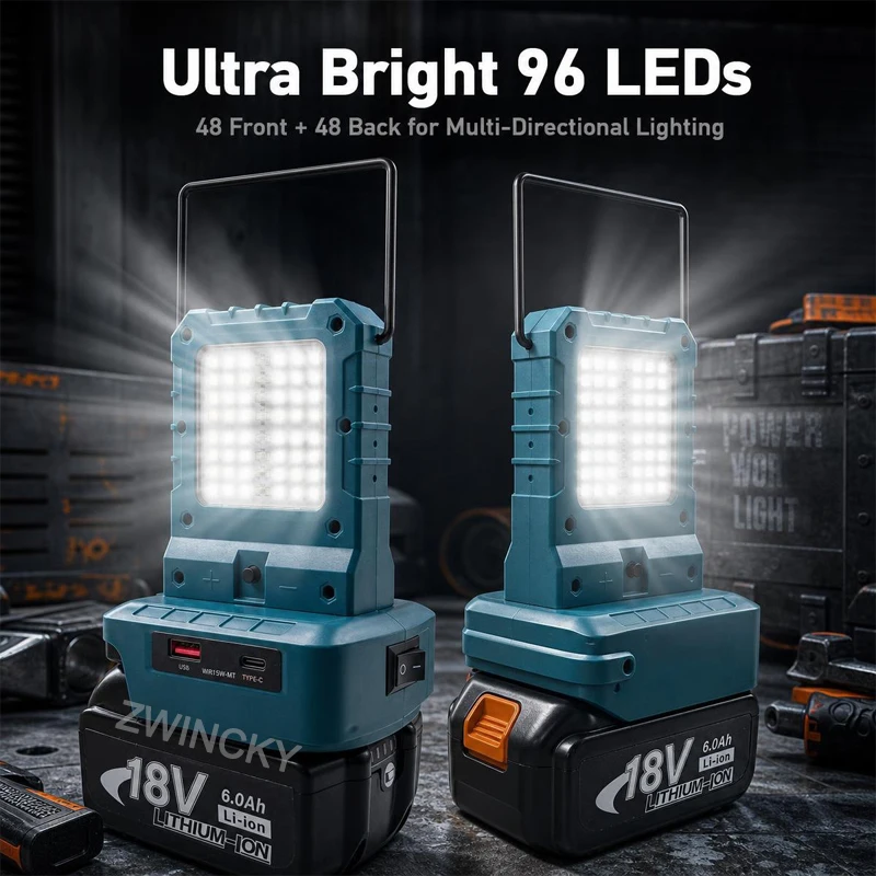 Portable Double sided LED Work Light With USB Type-C Output Port For Makita/Dewal/Milwaukee 18V Li-ion Battery Emergency Light